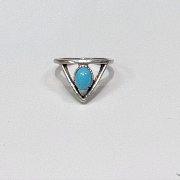 Triangle Shape Simple Vintage Like Faux Turquoise Stone color Silver plated Ring - Picture 2 of 5